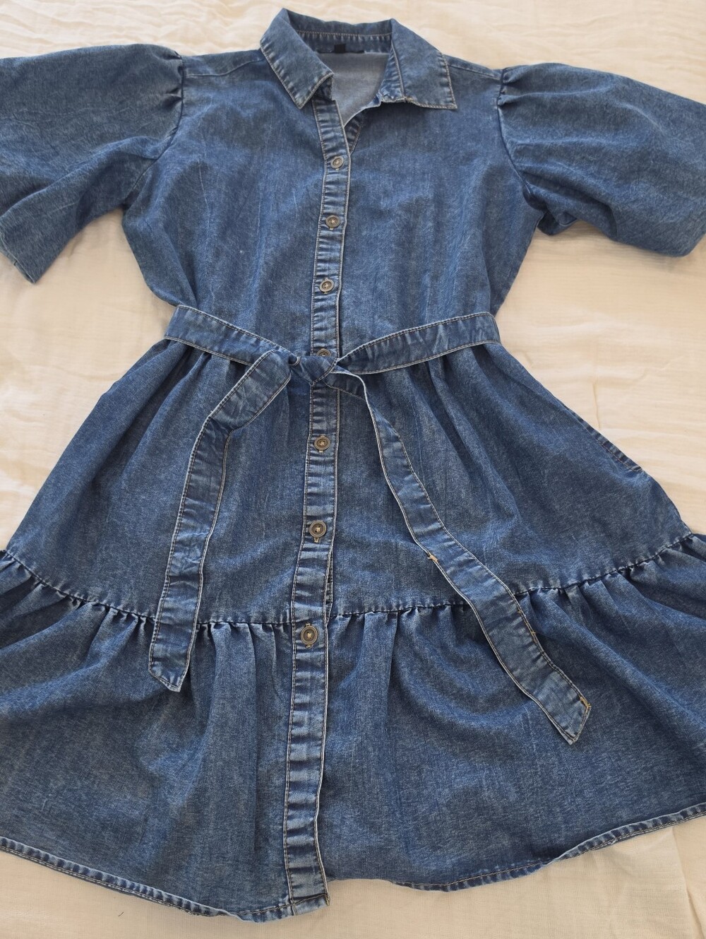 Blush Denim Puff Sleeve Belted Tiered Mini Dress Medium